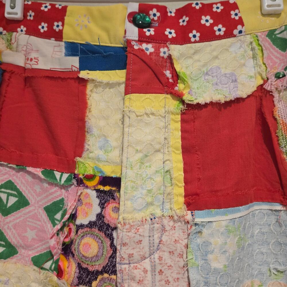 Vintage Patchwork Quilt Cropped Pants High Rise Boho Flare Artisan Small S - Picture 5 of 8